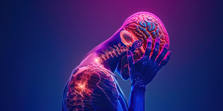 Chiari Malformation: The Headache and Neck Pain - Visualize a person with a highlighted cerebellum extending into the spinal canal, experiencing headaches and neck pain