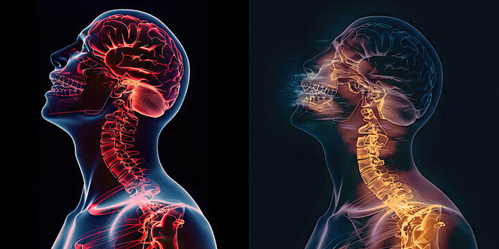 Chiari Malformation: The Headache and Neck Pain - Visualize a person with a highlighted cerebellum extending into the spinal canal, experiencing headaches and neck pain