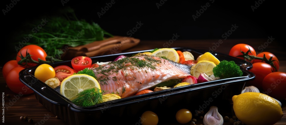 Fototapete a delicious dish of raw fish fresh vegetables and zesty lemon presented in a baking dish on a black 