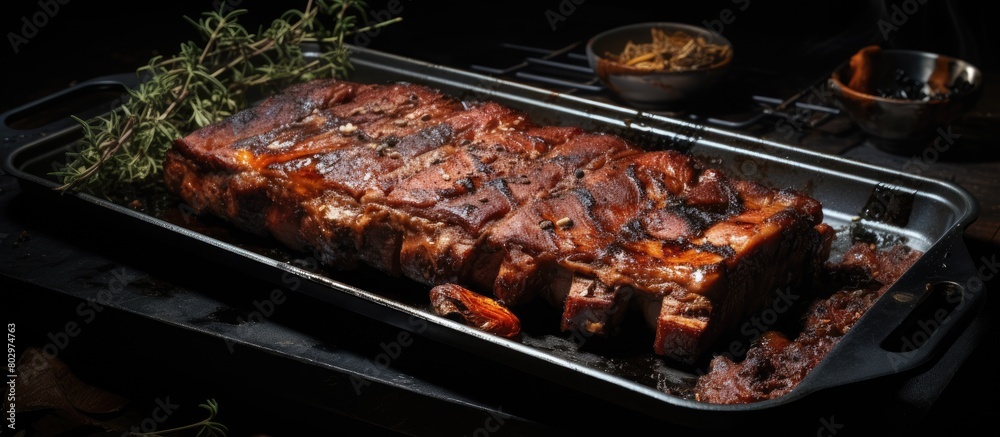 Leinwandbilder a copy space image featuring a baking tray placed on a table with uncooked pork ribs
