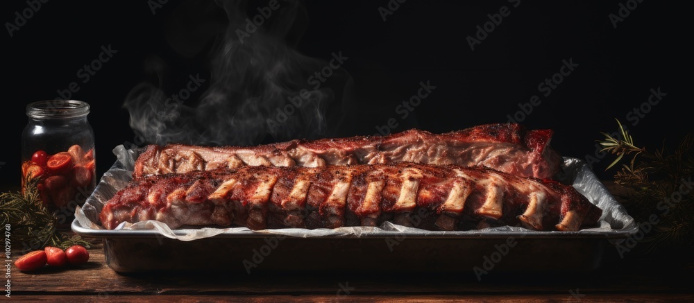 Leinwandbilder a copy space image featuring a baking tray placed on a table with uncooked pork ribs