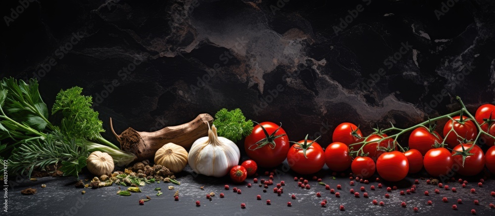 Poster a copy space image featuring cherry tomatoes on a branch accompanied by fresh herbs a garlic clove a