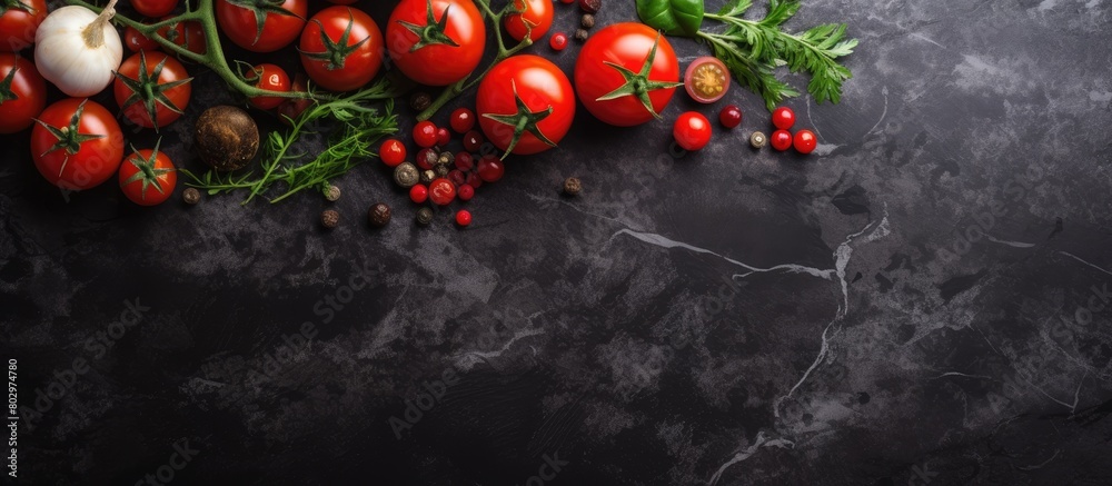 Poster a copy space image featuring cherry tomatoes on a branch accompanied by fresh herbs a garlic clove a