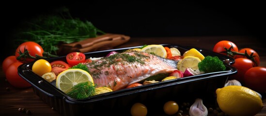 Fototapeta premium A delicious dish of raw fish fresh vegetables and zesty lemon presented in a baking dish on a black wooden table Ample room available for adding descriptive text