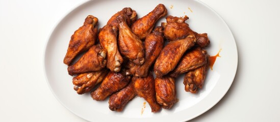 A delicious grill ready portion of chicken wings captured from a top down perspective displayed on a white plate in a copy space image