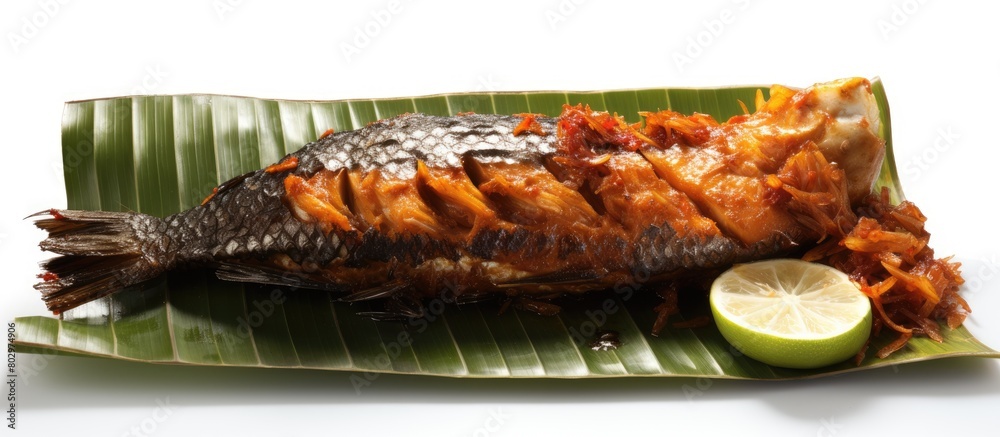 Leinwandbilder a burned fish with sour sauce spicy flavor minced garlic placed on banana leaves and isolated on a w