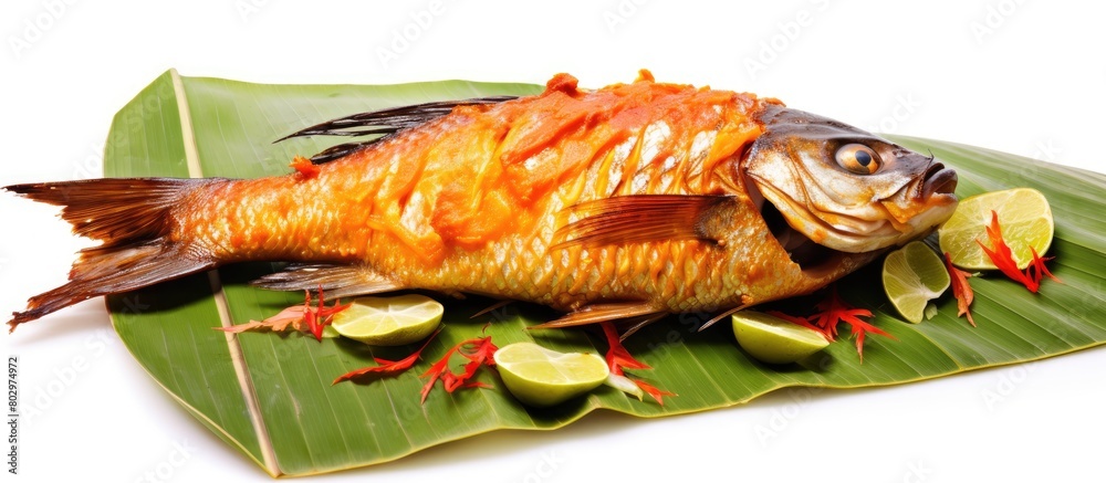Leinwandbilder a burned fish with sour sauce spicy flavor minced garlic placed on banana leaves and isolated on a w