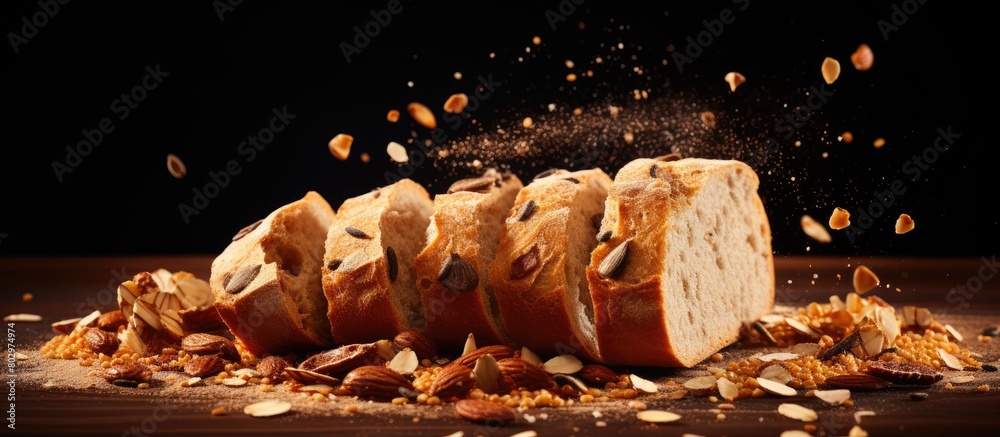 Poster A copy space image of a freshly baked wheat baguette loaf with crumbs and seeds being sliced showcasing its wholesome appeal and healthy qualities