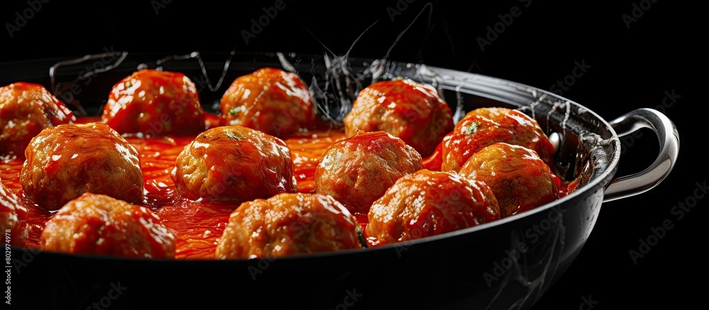 Poster A copy space image showing meatballs simmering in tomato sauce on a white background cooked in a frying pan