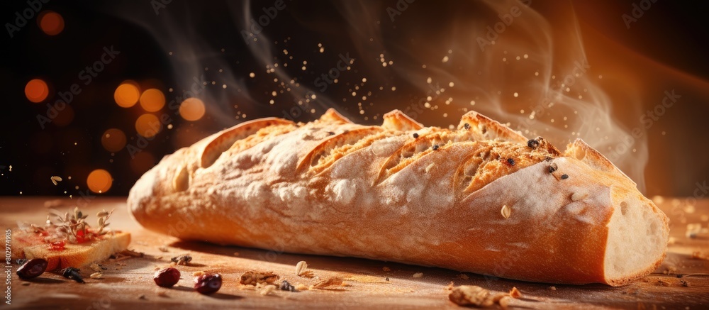 Poster a copy space image of a freshly baked wheat baguette loaf with crumbs and seeds being sliced showcas