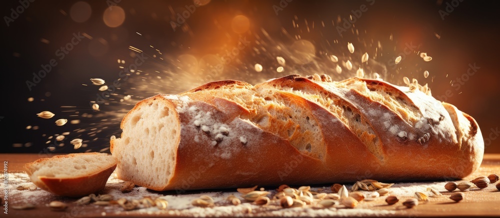 Poster a copy space image of a freshly baked wheat baguette loaf with crumbs and seeds being sliced showcas