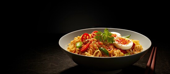 A bowl of instant noodles with a spicy kick from chili and a delicious addition of egg captured in a copy space image