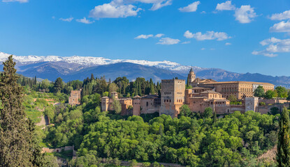 Alhambra palace with the snowy Sierra Nevada