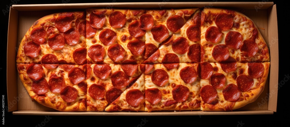 Poster A copy space image of pepperoni pizza slices neatly arranged inside a paper box