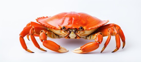 A copy space image featuring a vibrant and uncooked crab placed on a clean white background