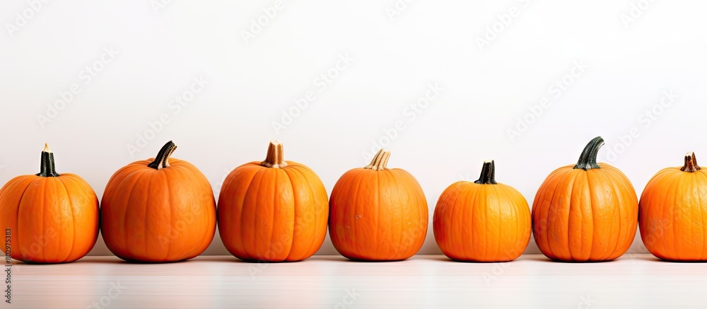 Poster A bunch of identical orange pumpkins is displayed on a white background creating a Halloween themed copy space image