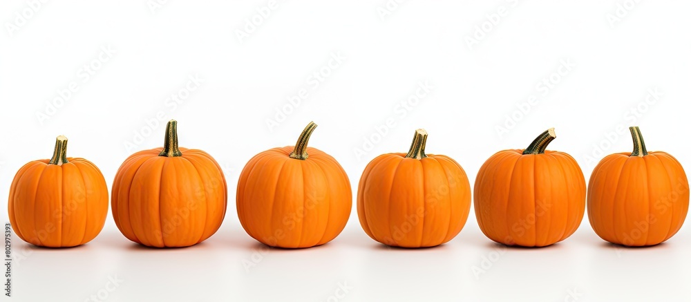Poster A bunch of identical orange pumpkins is displayed on a white background creating a Halloween themed copy space image