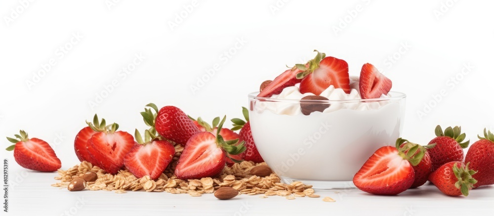 Poster A copy space image of a healthy breakfast consisting of whole grain granola combined with yogurt nuts and fresh strawberries set against a white background