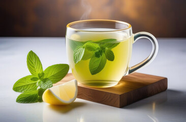 Green tea with lemon and mint in glass cup on wooden stand. Herbal fresh tea for breakfast and healing