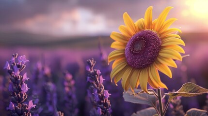 Yellow sunflower in a field of purple lavender at sunset