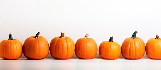 A bunch of identical orange pumpkins is displayed on a white background creating a Halloween themed copy space image - Powered by Adobe
