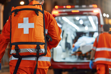 paramedics in orange uniforms with reflective strips and a white cross, actively responding to an emergency at night with a patient being loaded into an ambulance.