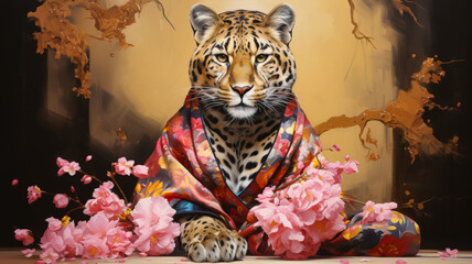 Picture a sophisticated leopard in a silk kimono, adorned with cherry blossom motifs