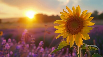 A sunflower field with a beautiful sunset in the background