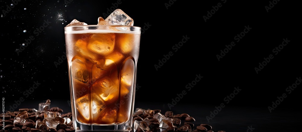 Poster a copy space image featuring ice coffee against a dark background