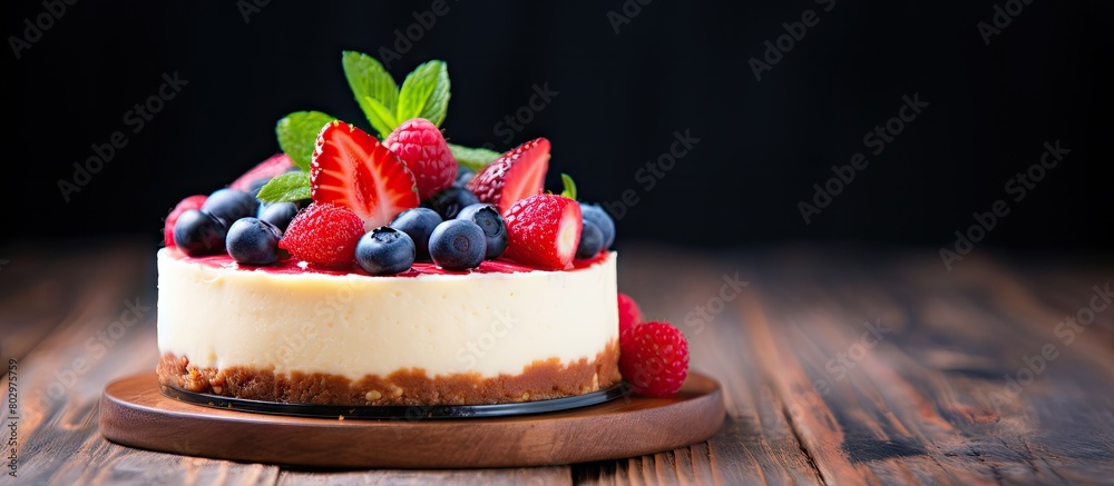 Poster a copy space image of a wooden background showcases a front view of a delicious vanilla cheesecake a