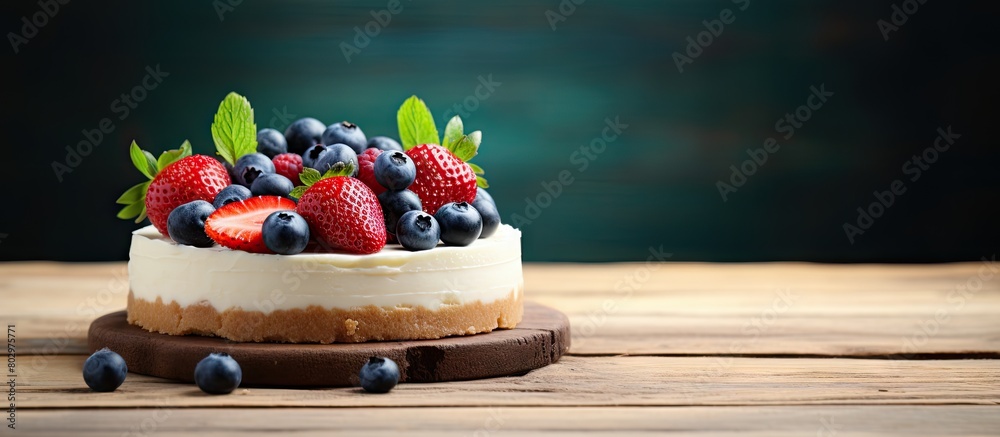 Poster a copy space image of a wooden background showcases a front view of a delicious vanilla cheesecake a