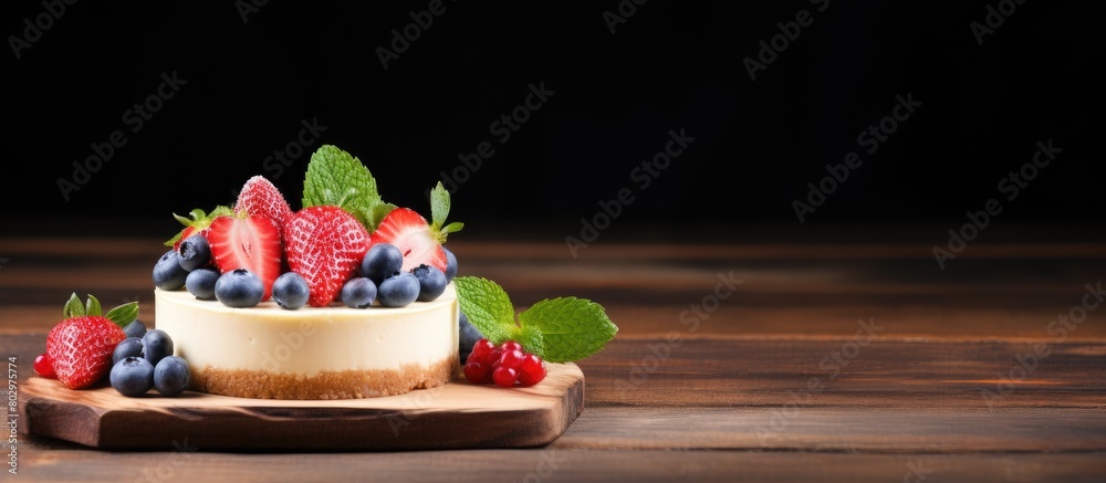 Poster a copy space image of a wooden background showcases a front view of a delicious vanilla cheesecake a