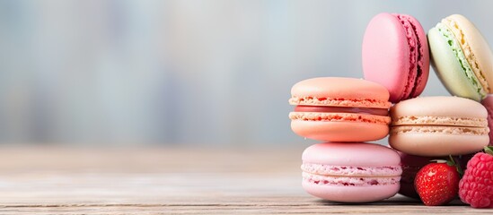 A copy space image of a wooden table showcasing a closeup shot of a stack of pastel colored macarons with a delightful strawberry flavor - Powered by Adobe
