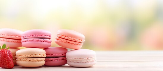 Fototapeta premium A copy space image of a wooden table showcasing a closeup shot of a stack of pastel colored macarons with a delightful strawberry flavor