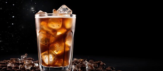 A copy space image featuring ice coffee against a dark background