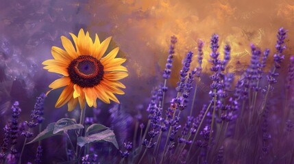 A beautiful field of sunflowers and lavender with a warm, glowing sunset in the background