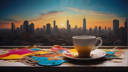 colorful coffee cup set atop a torn acrylic picture of a busy cityscape.The painting's vivid colors and strong, abstract shapes are evocative of modern urban art.