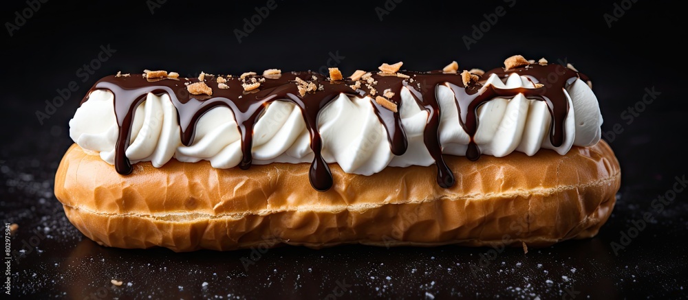 Fototapete a cream filled eclair is seen from above in a photo with ample space for additional elements emphasi
