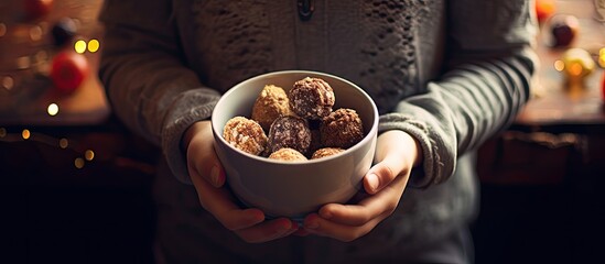 A child is pictured holding a cup of coffee and energy balls both of which are vegan vegetarian and raw snacks in a copy space image