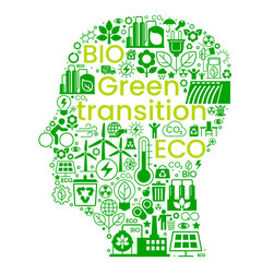 Silhouette of a human head with icons. ENERGY TRANSITION. Transition to environmentally friendly world concept.  Ecology infographic. Green power production.