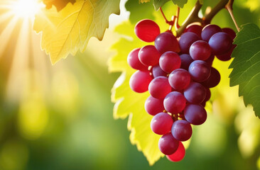 Bunch of red grapes hanging on a branch in vineyard on sunny day. Wine or juice concept, copy space