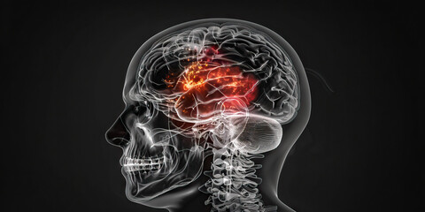 Glioblastoma Multiforme: The Aggressive Brain Tumor and Neurological Symptoms - Visualize a person with a highlighted glioblastoma tumor, experiencing severe neurological symptoms - obrazy, fototapety, plakaty