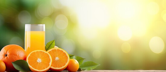 A copy space image featuring oranges and a glass of juice on a background of fresh fruits