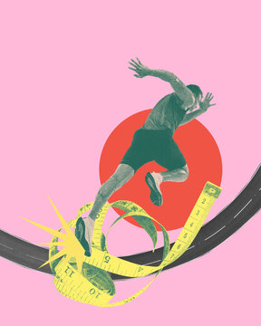 High speed. Contemporary art collage with young muscular man, professional athlete training, running over pink background with abstract design elements. Concept of sport, competition, action, motion