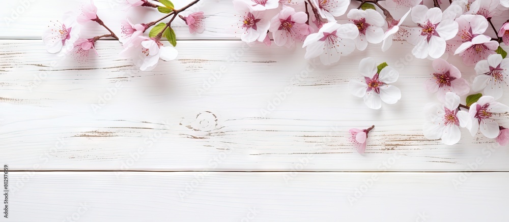 Poster a copy space image with cosmetics and spring flowers placed on a white wooden background