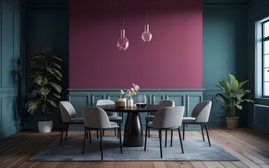 Fototapeta premium Empty-painted viva magenta wall.dark grey color chairs, furniture with black table and blank background. mockup Dinning room design. 3d render