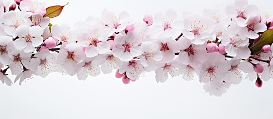 A close up photo of cherry flowers with a white background creating a spring banner The focus is on the details of the cherry blossoms Copy space image