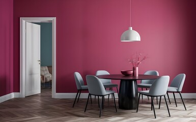 Empty-painted viva magenta wall.dark grey color chairs, furniture with black table and blank background. mockup Dinning room design. 3d render