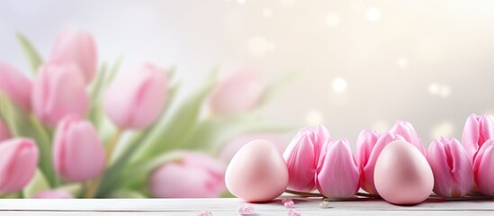 A beautiful Easter scene with decorative pink eggs and tulips perfect for a copy space image