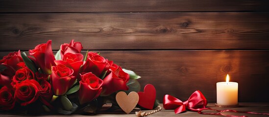 A beautiful arrangement of red roses hearts candles callas carnations and ribbons adorns the wooden table A copy space image